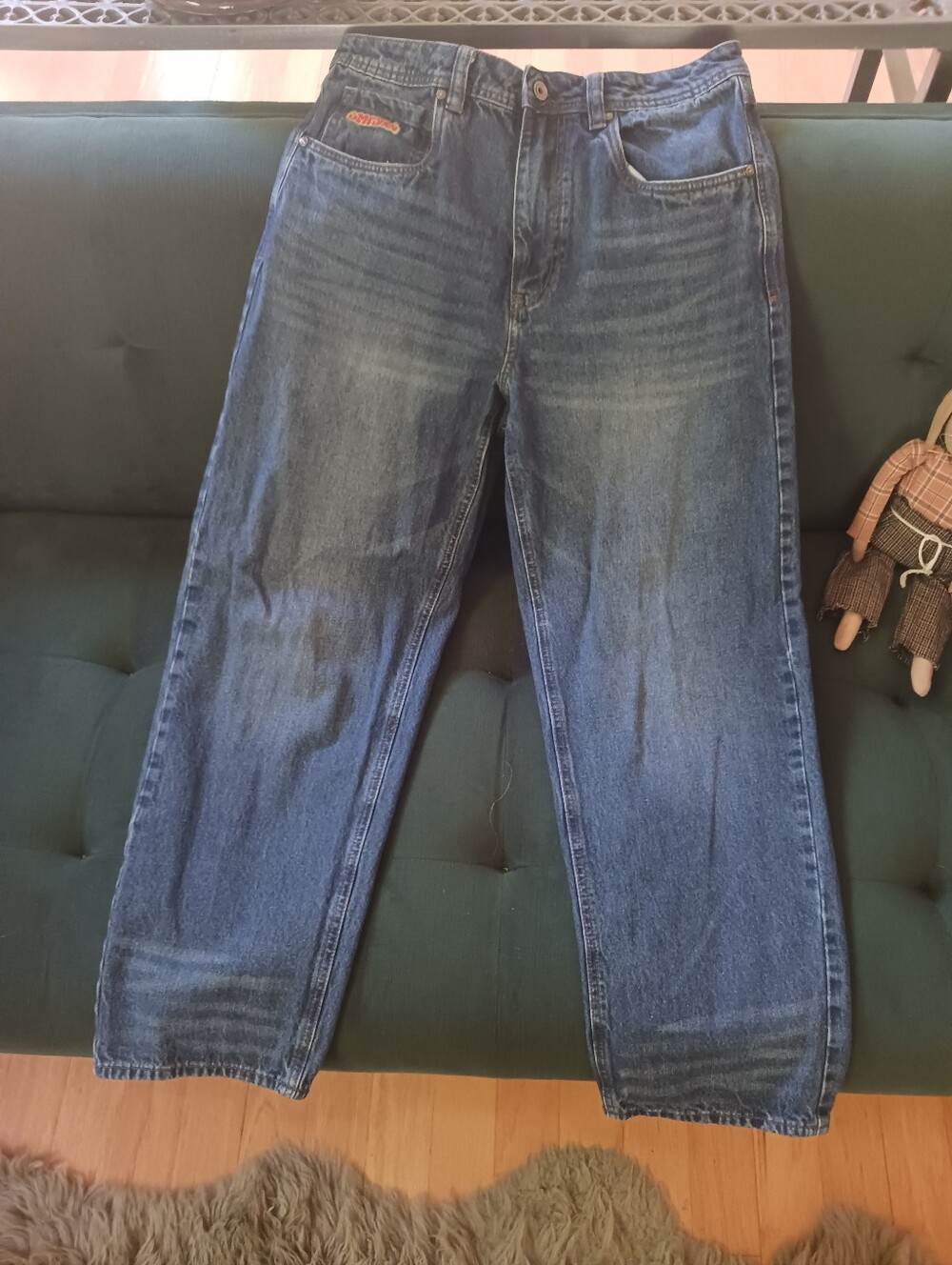 Empyre Embroidered Bad Dog Relaxed Loose Taper Blue Jeans 32